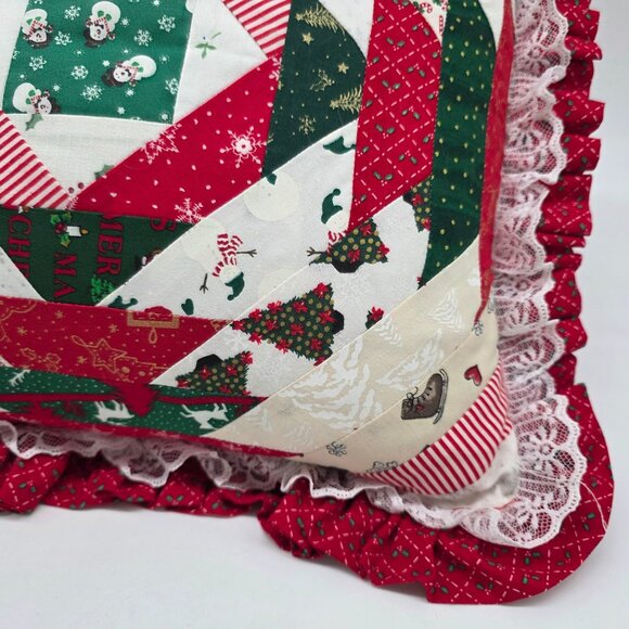 Handmade Christmas Patchwork Quilted Christmas Throw Pillow With Lace Ruffle - Picture 3 of 11